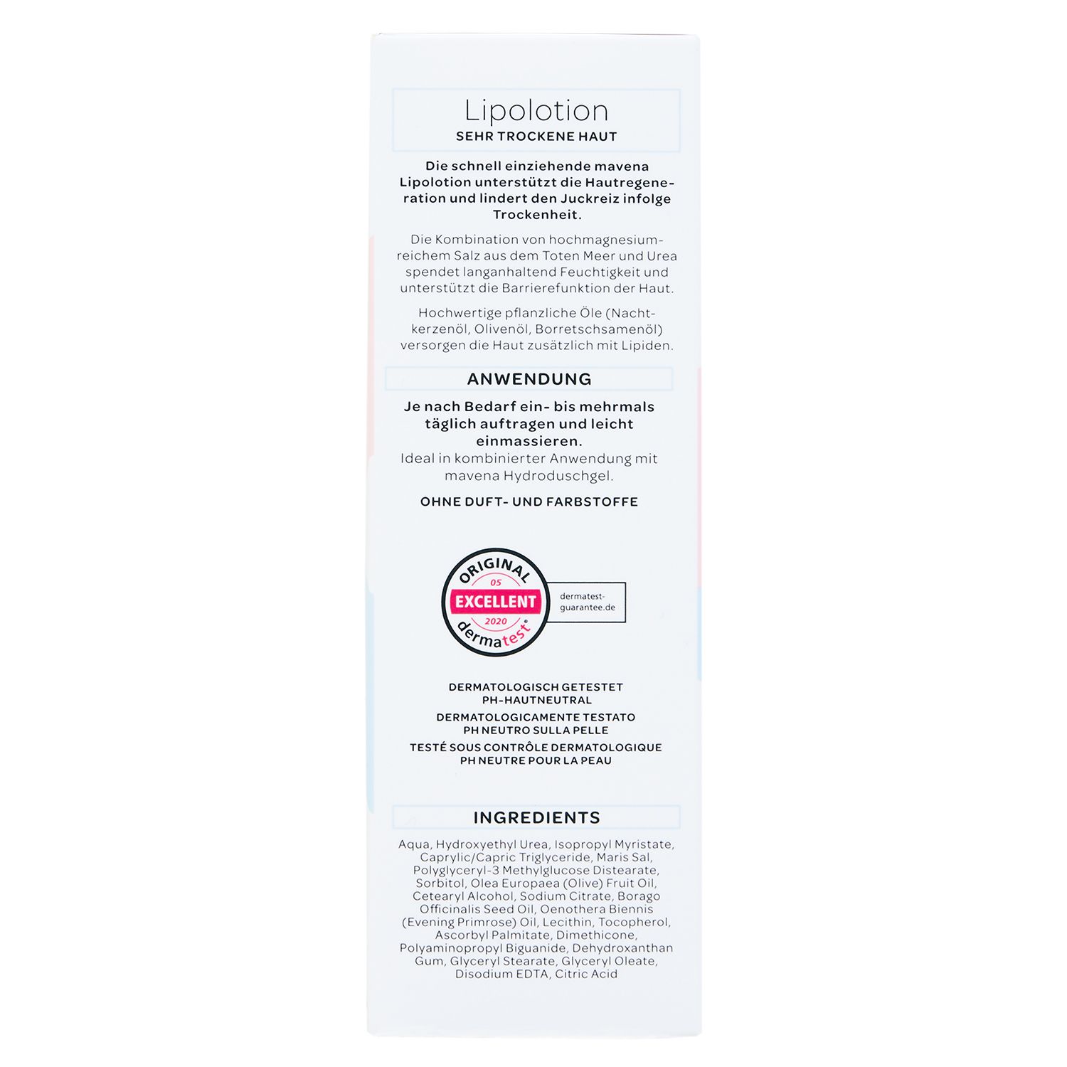 Weißer Produktkarton mit Text. Beschriftung: Lipolotion, sehr trockene Haut. Text in Deutsch, Zertifizierung.