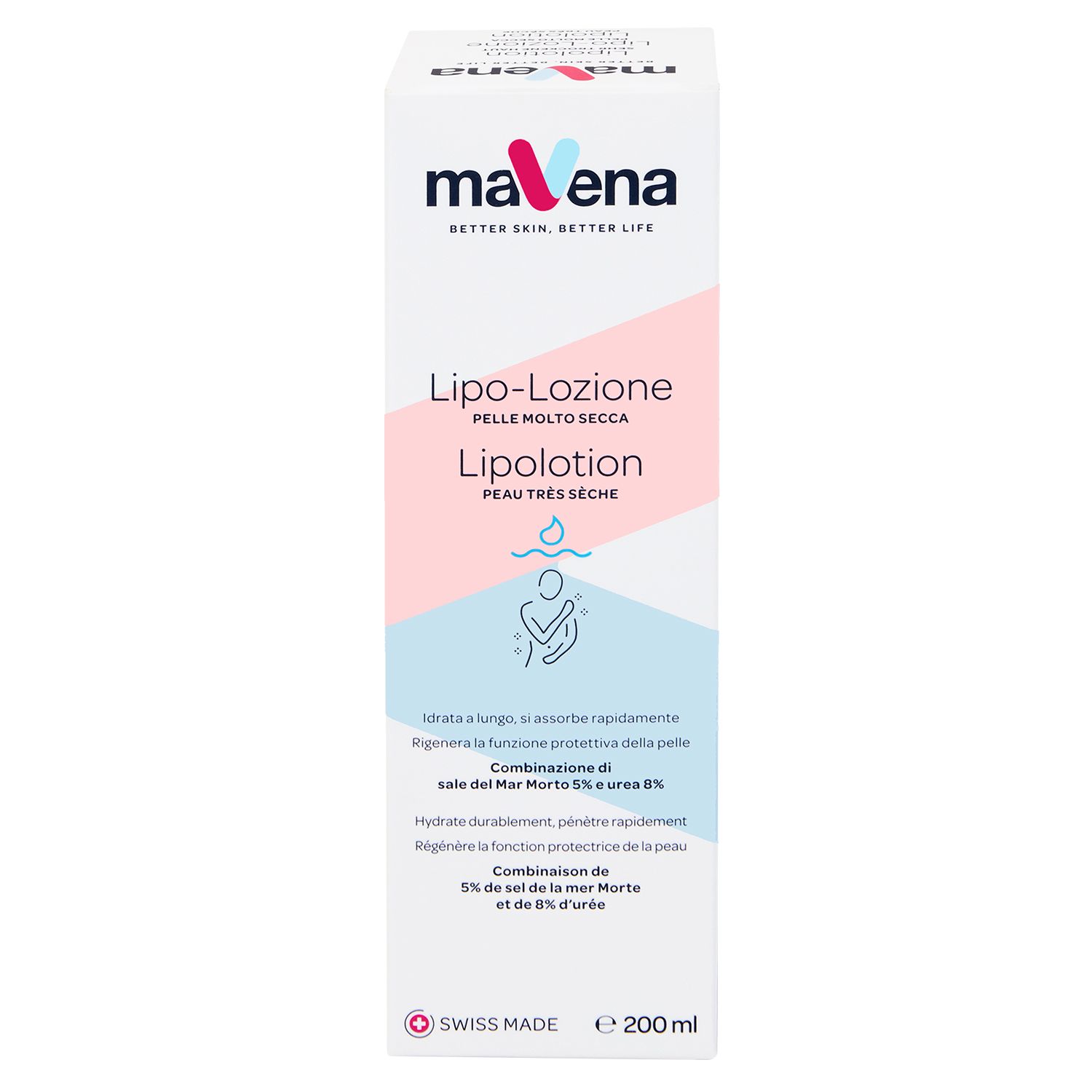 Weißer Produktkarton. Beschriftung: maVena, Lipolotion, sehr trockene Haut. Rosa, blau und weiße Schrift. Swiss Made. 200 ml.