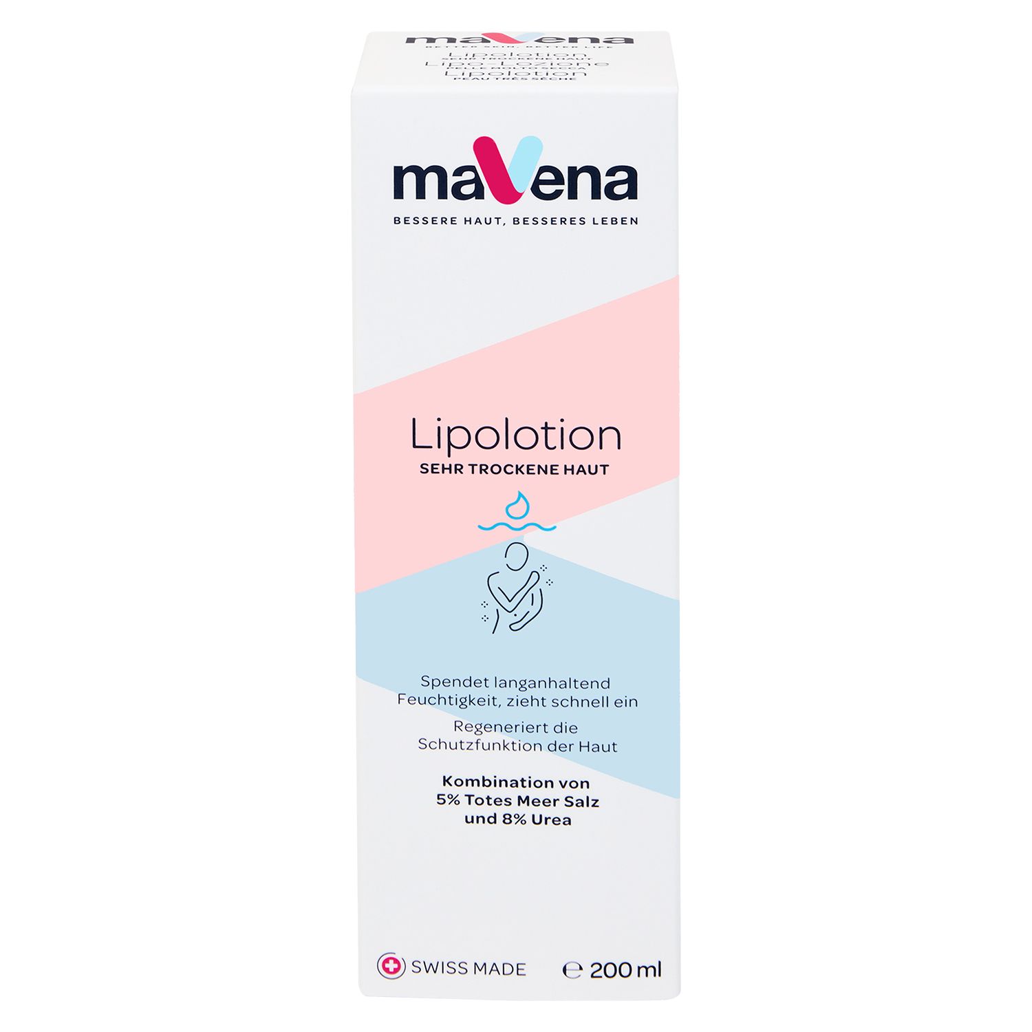 Weißer Produktkarton. Beschriftung: maVena, Lipolotion, sehr trockene Haut. Rosa, blau und weiße Schrift. Swiss Made. 200 ml.