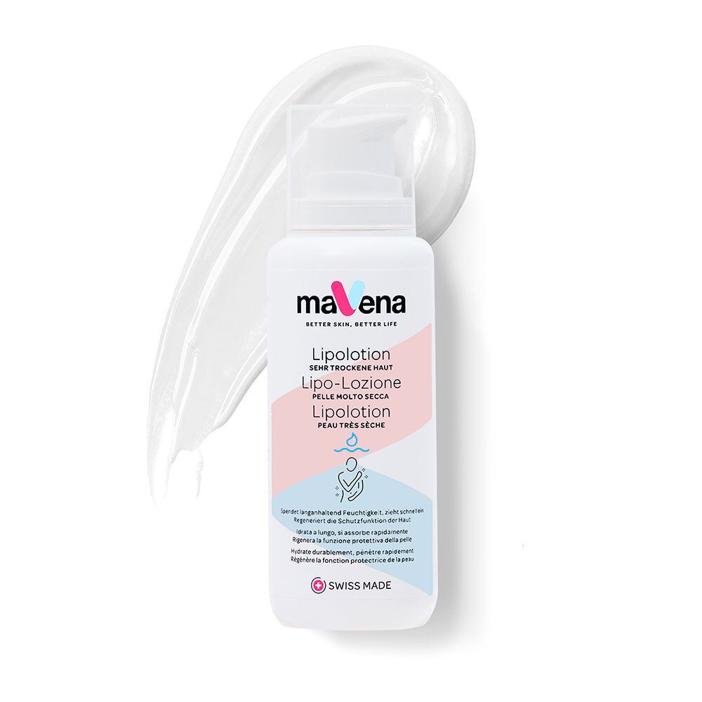Weiße Flasche mit Pumpverschluss und Produkt. Beschriftung: maVena, Lipolotion. Produkt auf weißem Hintergrund.