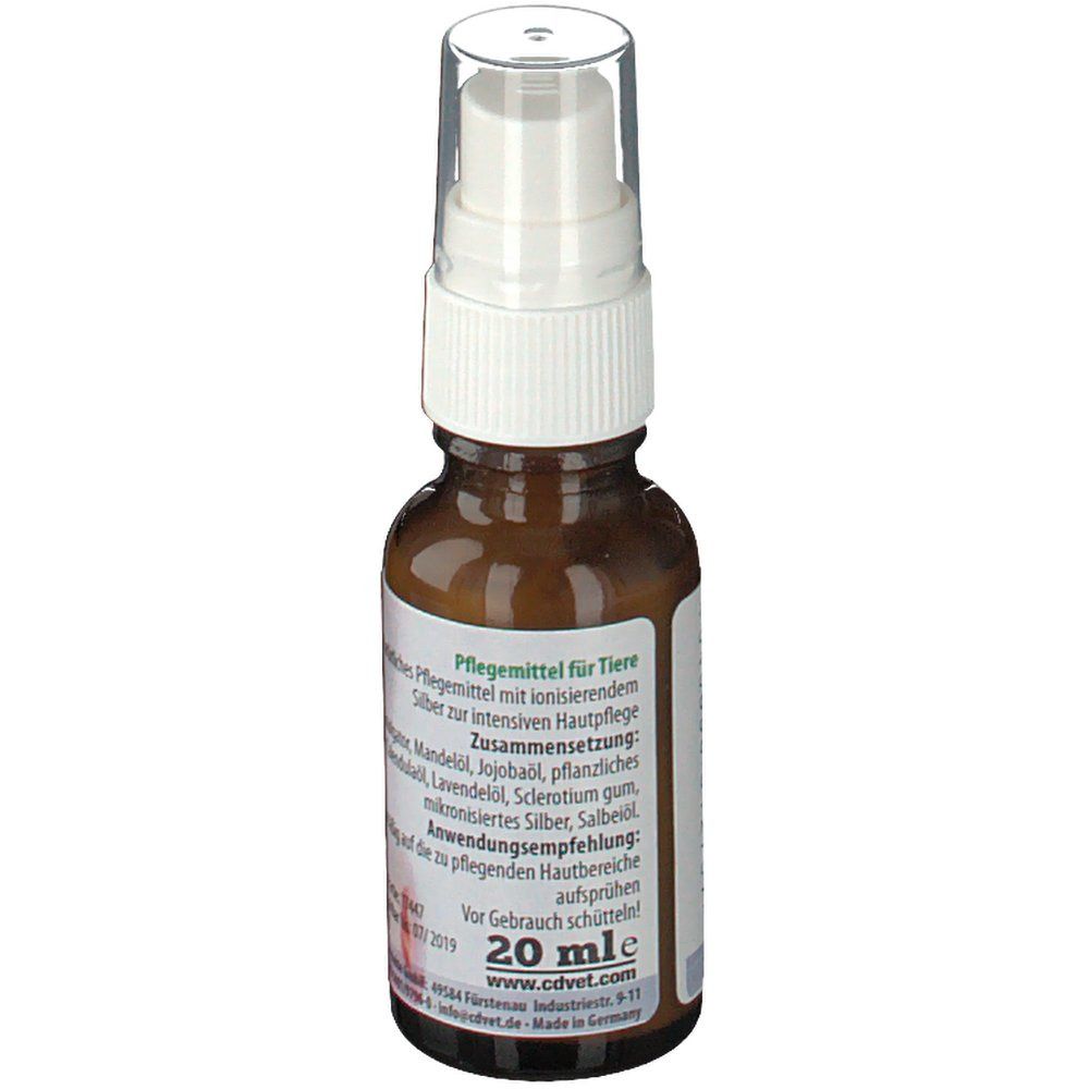 Braune Flasche mit Sprühkopf. Aufschrift: SILVER AID Hautschutz. Rückseite mit Produktinformationen und 20 ml.