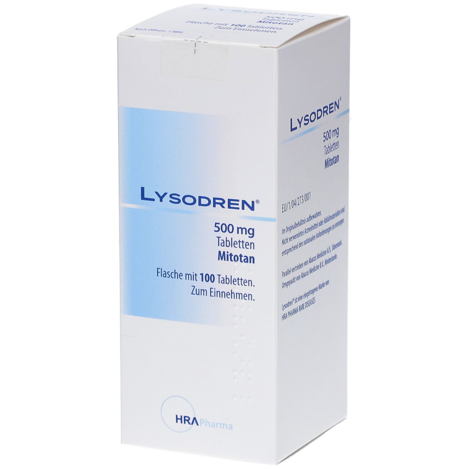 Weißer Karton mit blauer Schrift. Aufschrift: LYSODREN 500 mg Tabletten Mitotan. Flasche mit 100 Tabletten. HRA Pharma.