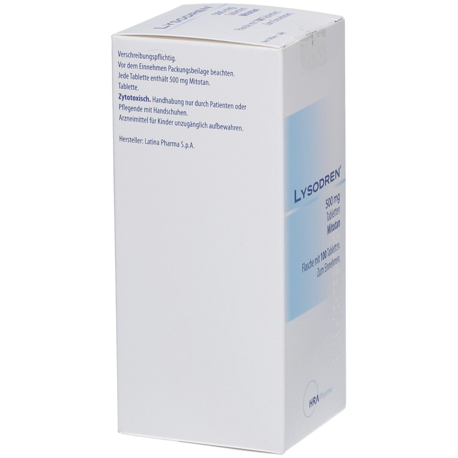 Weißer Karton mit Text. Enthält Informationen zur Verschreibungspflicht, Dosierung und Handhabung. Hersteller: Latina Pharma S.p.A.