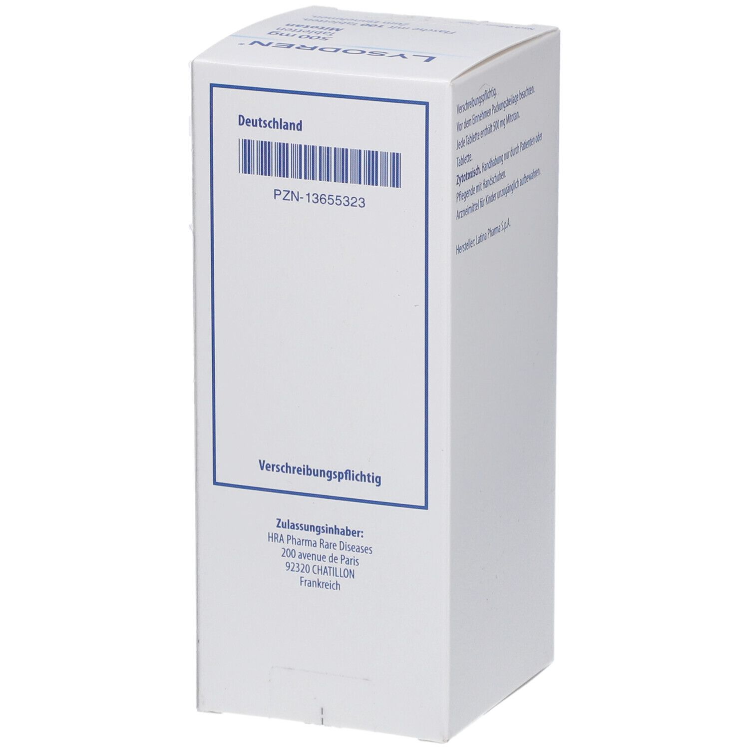 Weißer Karton mit Barcode und Text. Enthält Informationen zur Verschreibungspflicht und Zulassung. Hersteller: HRA Pharma Rare Diseases.