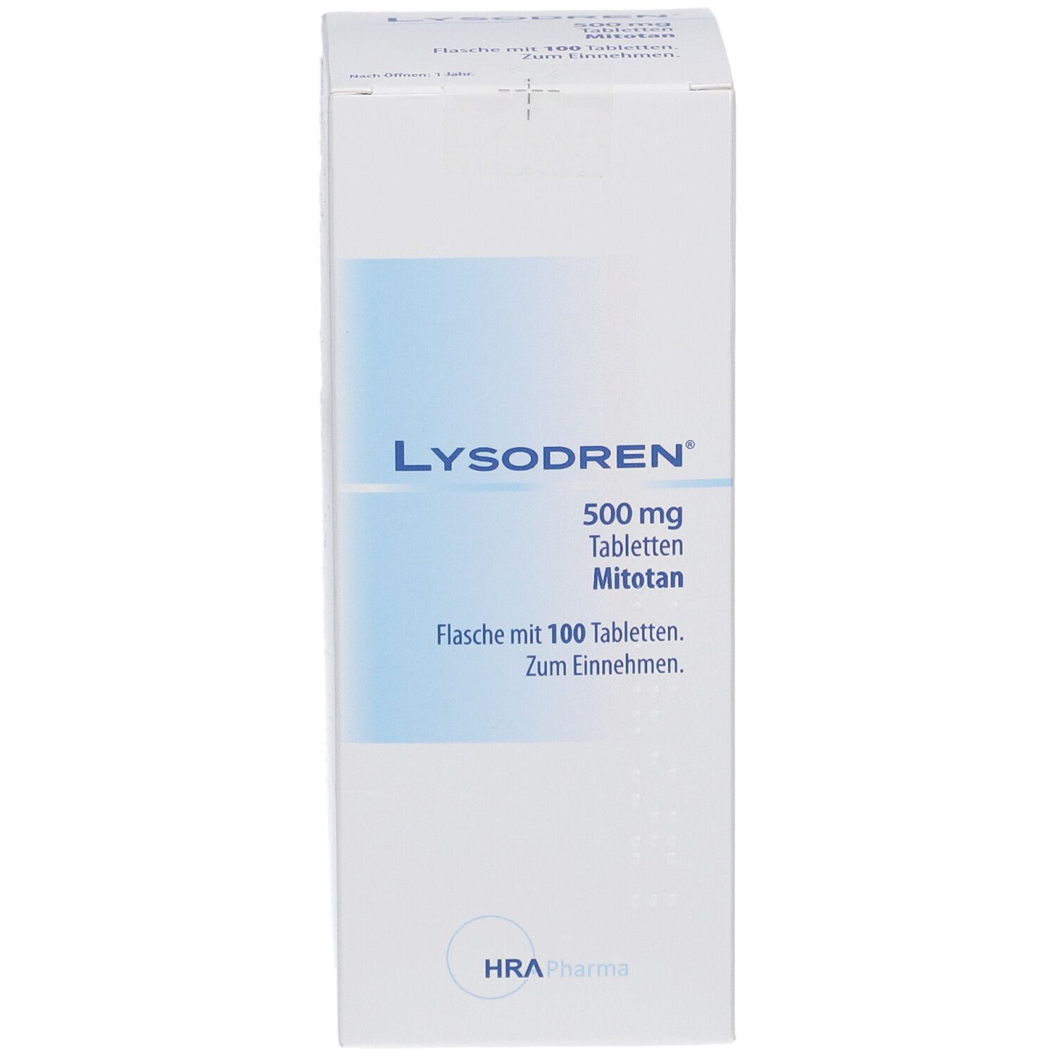 Weißer Karton mit blauer Schrift. Aufschrift: LYSODREN 500 mg Tabletten Mitotan. Flasche mit 100 Tabletten. HRA Pharma.