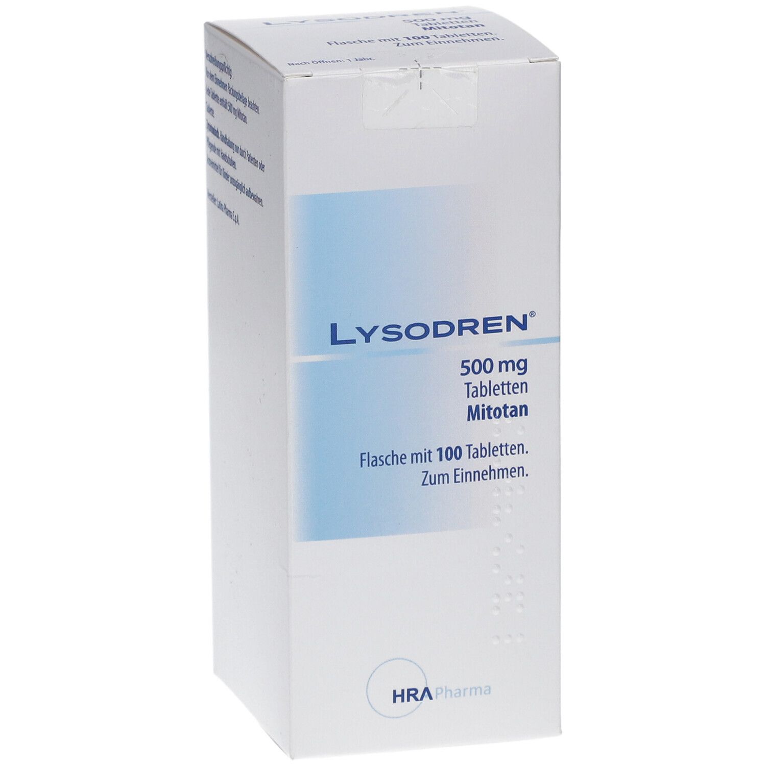 Weißer Karton mit blauer Schrift. Aufschrift: LYSODREN 500 mg Tabletten Mitotan. Flasche mit 100 Tabletten. HRA Pharma.