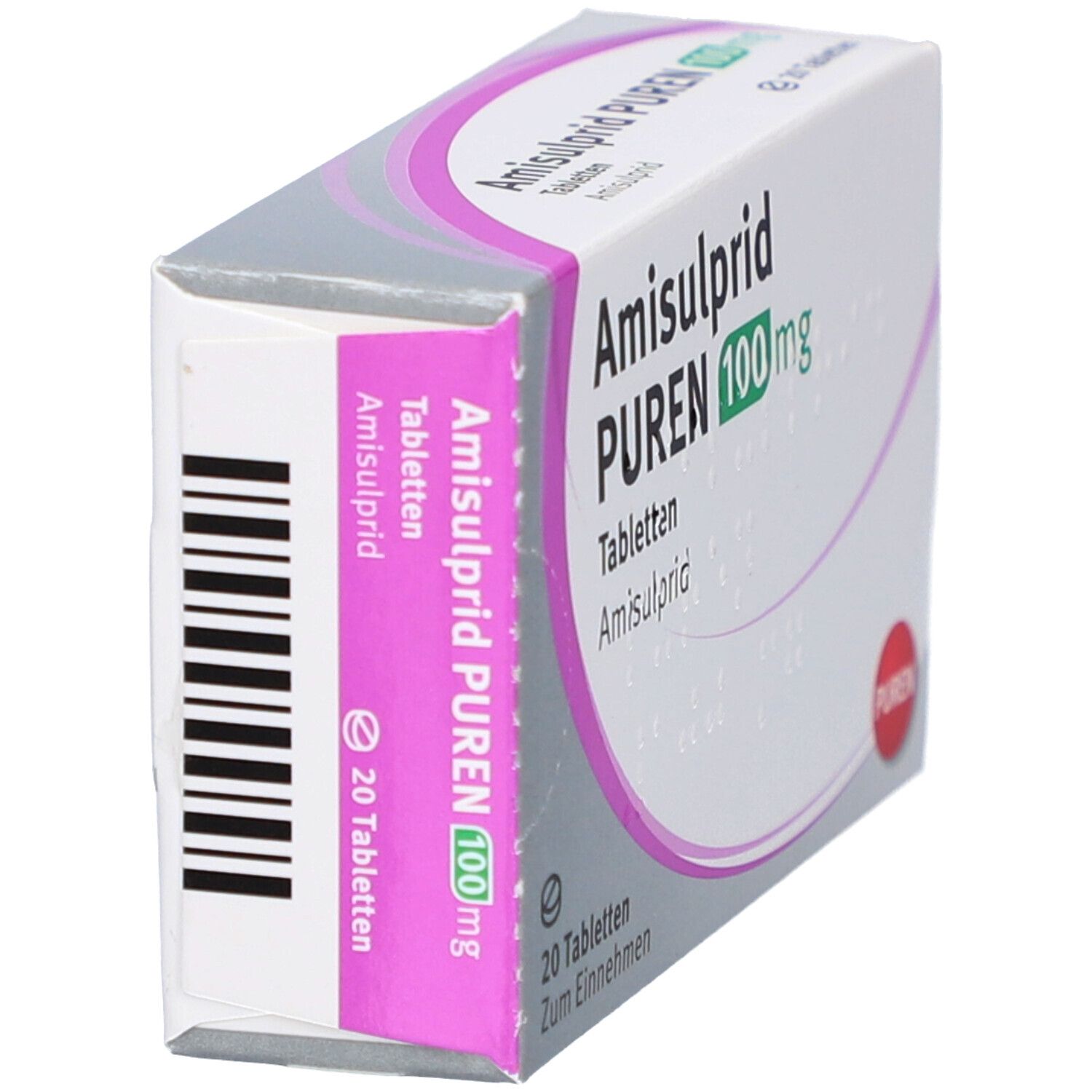 Schachtel Amisulprid PUREN 100 mg Tabletten. Seitenansicht. Weiße Verpackung mit rosa und grünen Akzenten. Barcode.