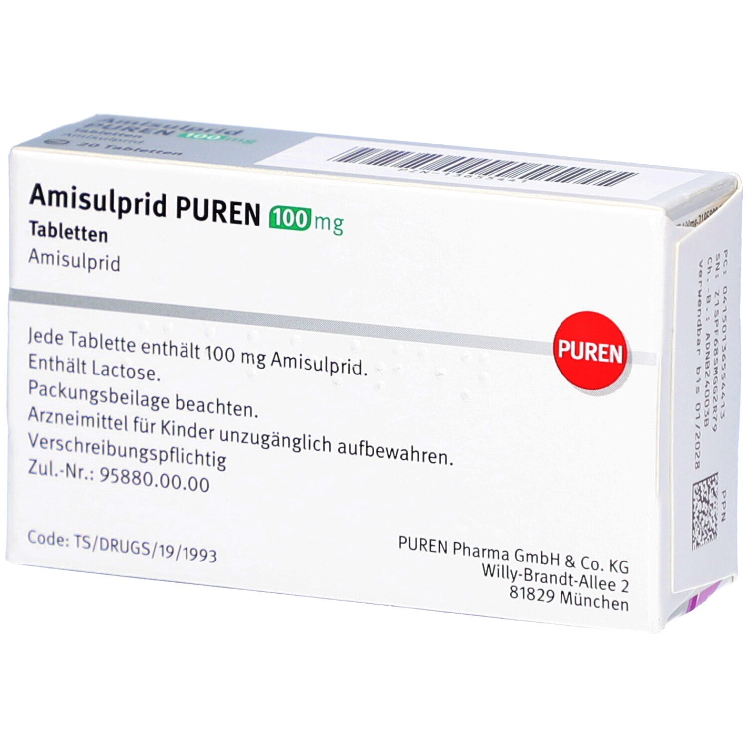 Schachtel Amisulprid PUREN 100 mg Tabletten. Textinformationen auf weißem Hintergrund. PUREN-Logo. Rotes Logo.