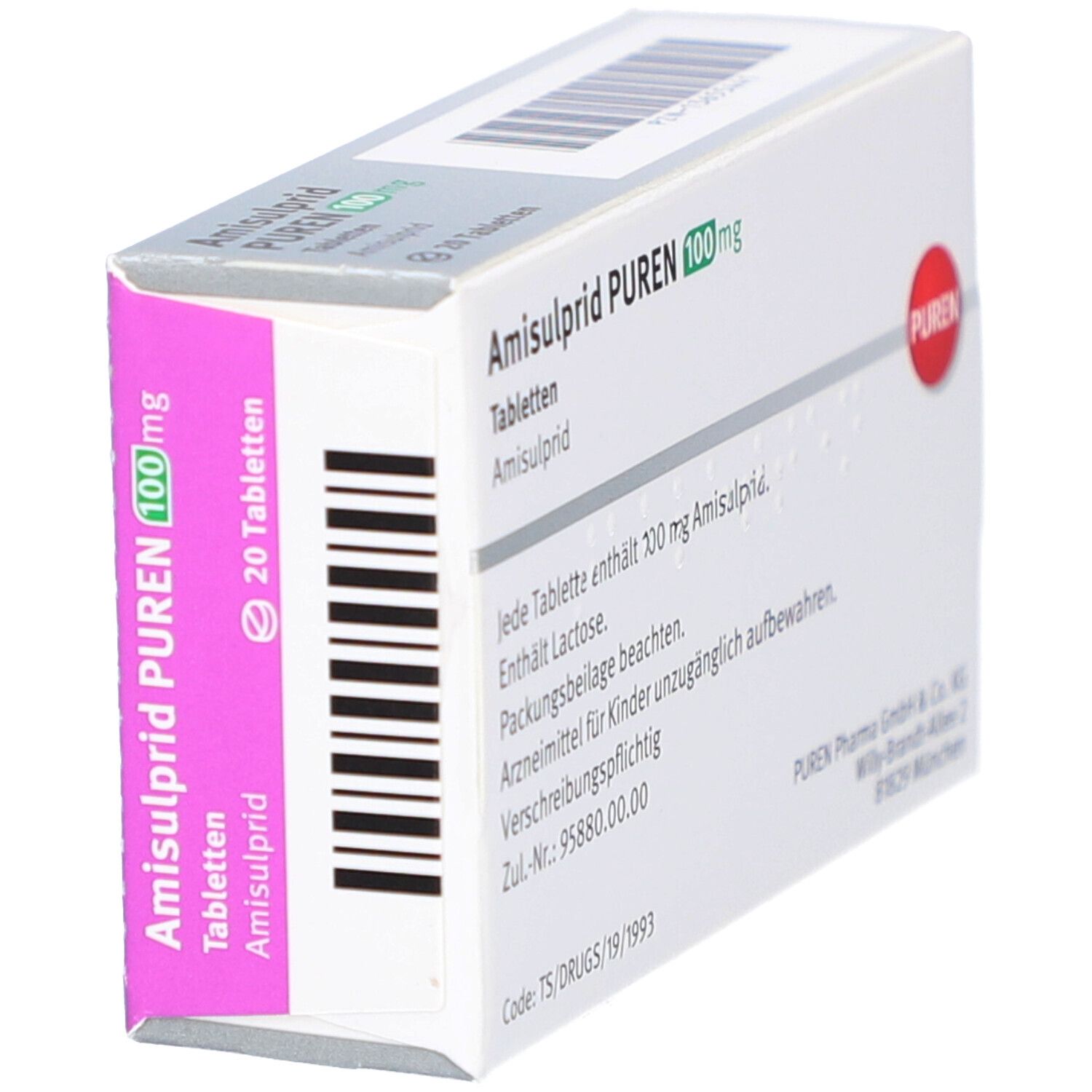 Schachtel Amisulprid PUREN 100 mg Tabletten. Seitenansicht. Weiße Verpackung mit rosa und grünen Akzenten. PUREN-Logo.