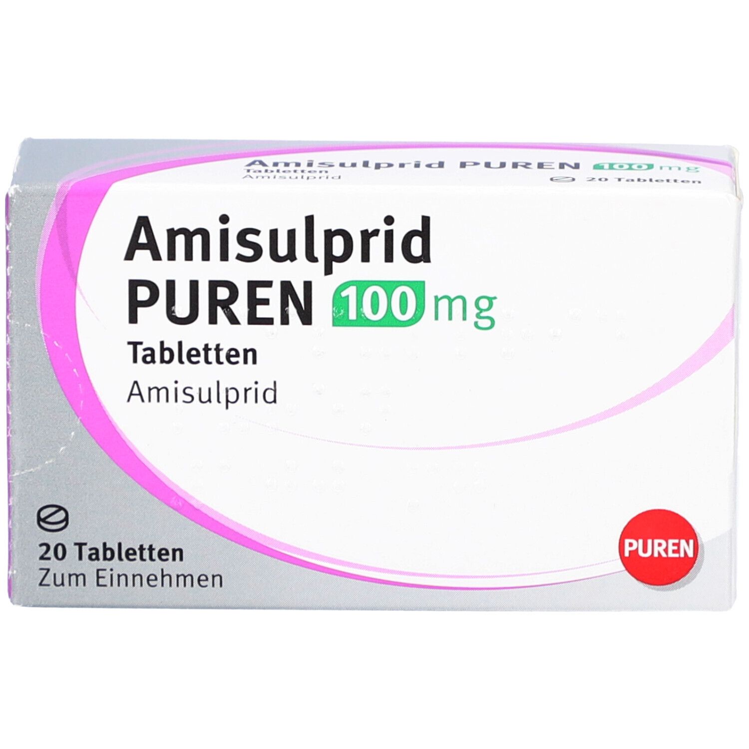 Schachtel mit Amisulprid PUREN 100 mg Tabletten. 20 Tabletten. PUREN-Logo. Weiße Verpackung mit rosa und grünen Akzenten.