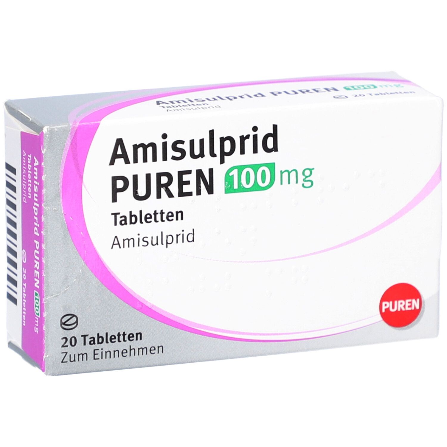 Schachtel mit Amisulprid PUREN 100 mg Tabletten. 20 Tabletten. PUREN-Logo. Weiße Verpackung mit rosa und grünen Akzenten.