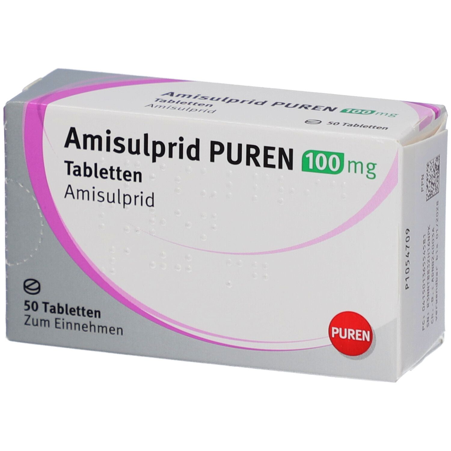 Schachtel mit Amisulprid PUREN 100 mg Tabletten. Aufschrift: 50 Tabletten. Marke PUREN. Rosa und grüne Akzente.