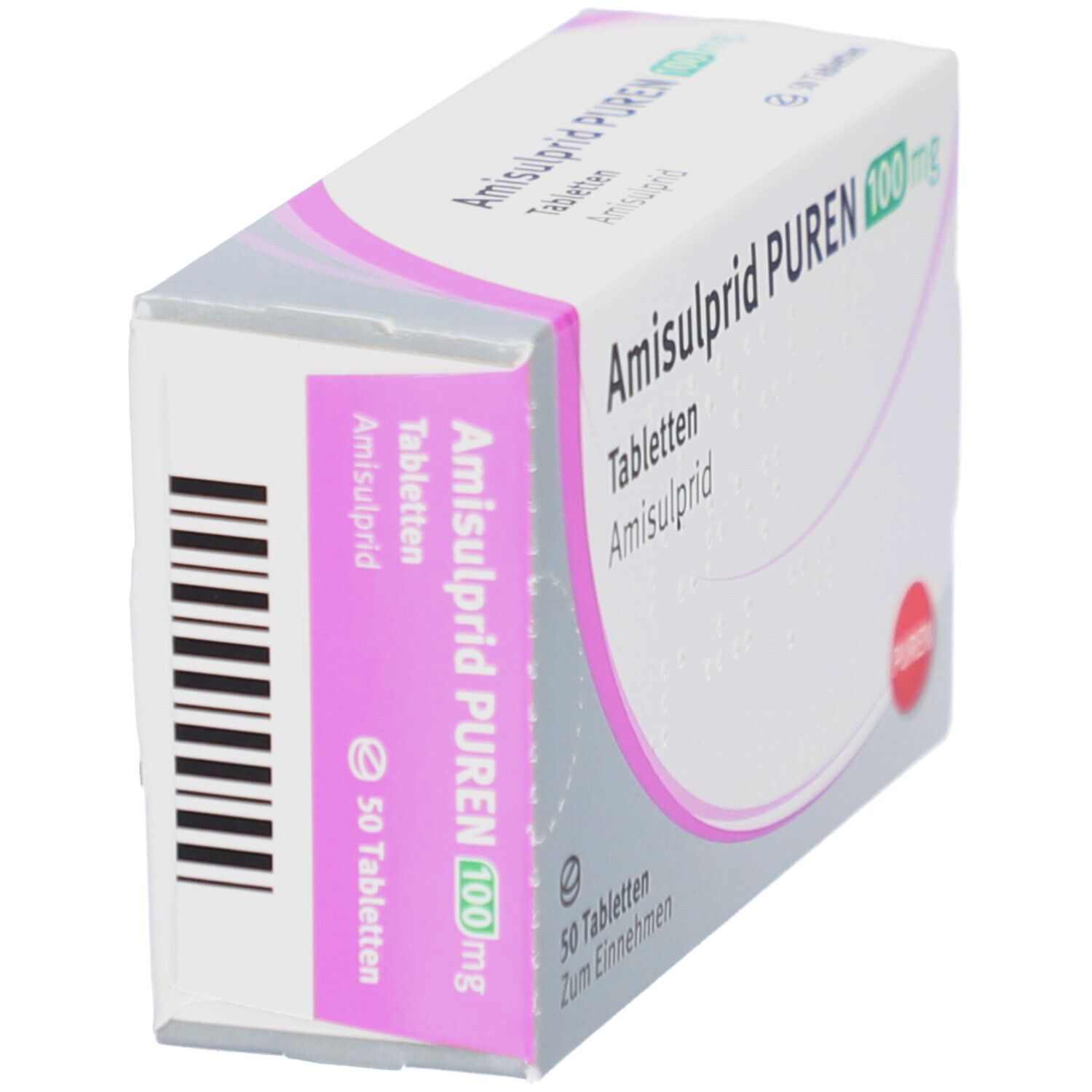 Schachtel mit Amisulprid PUREN 100 mg Tabletten. Aufschrift: 50 Tabletten. Marke PUREN. Rosa und grüne Akzente.