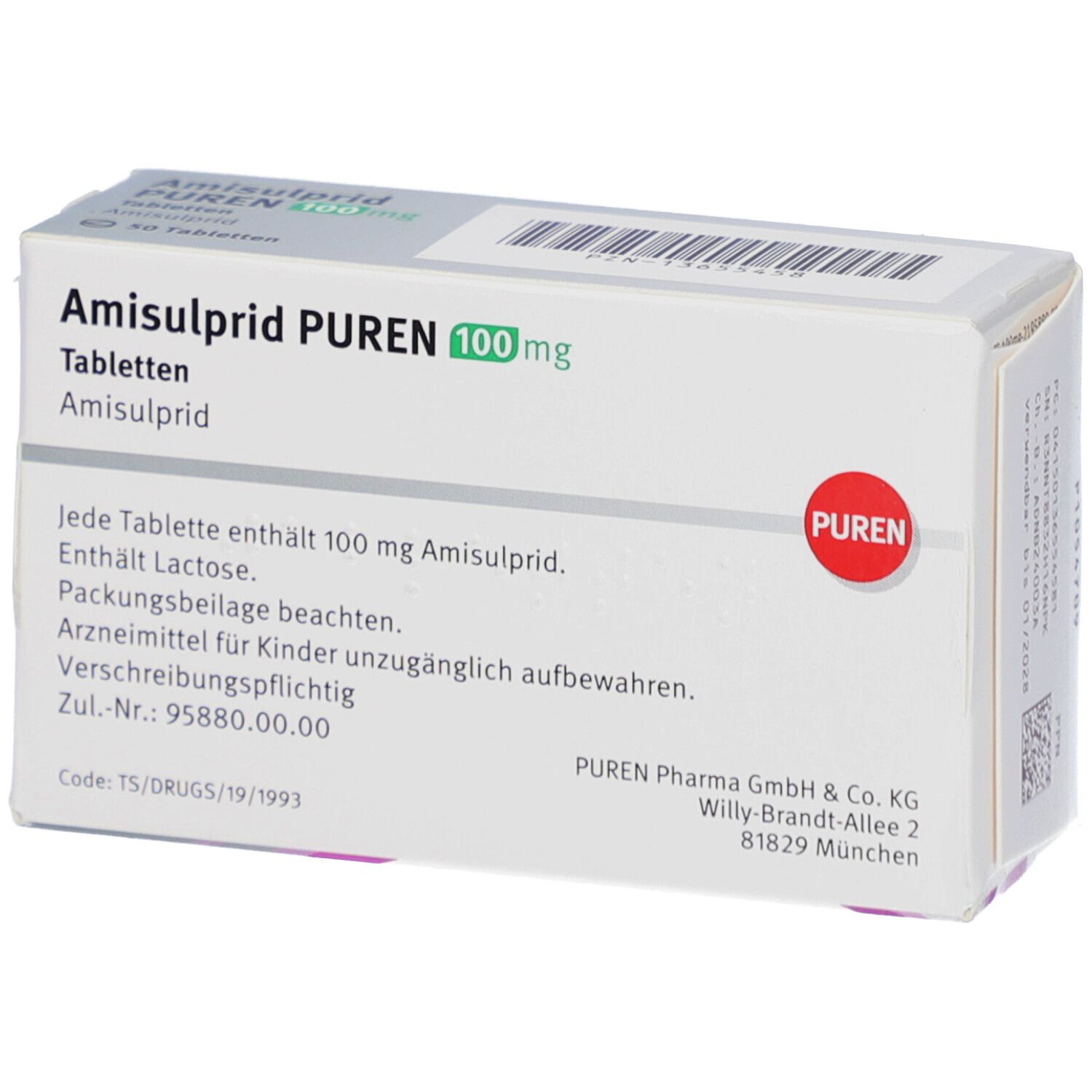 Schachtel mit Amisulprid PUREN 100 mg Tabletten. Aufschrift: 50 Tabletten. Marke PUREN. Rosa und grüne Akzente.