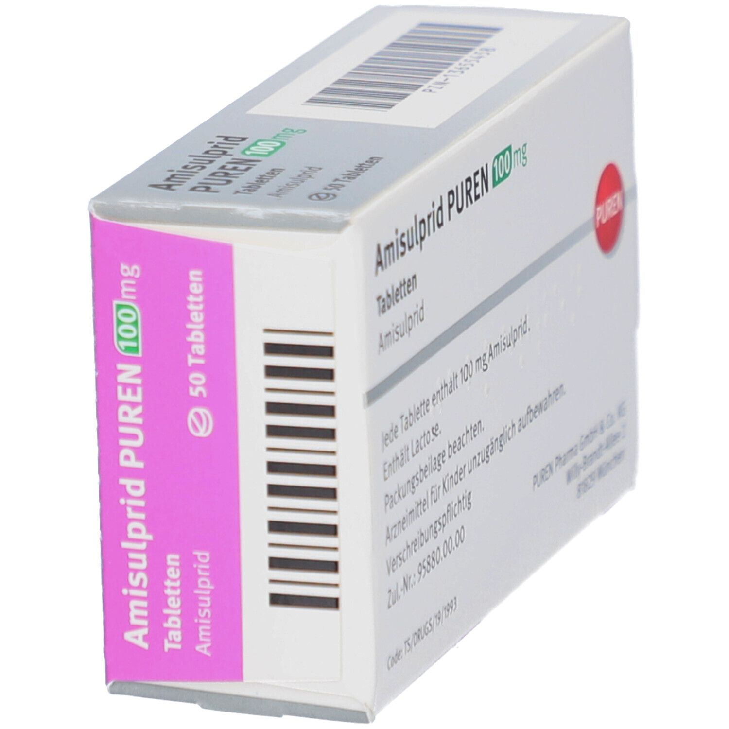 Schachtel mit Amisulprid PUREN 100 mg Tabletten. Aufschrift: 50 Tabletten. Marke PUREN. Rosa und grüne Akzente.