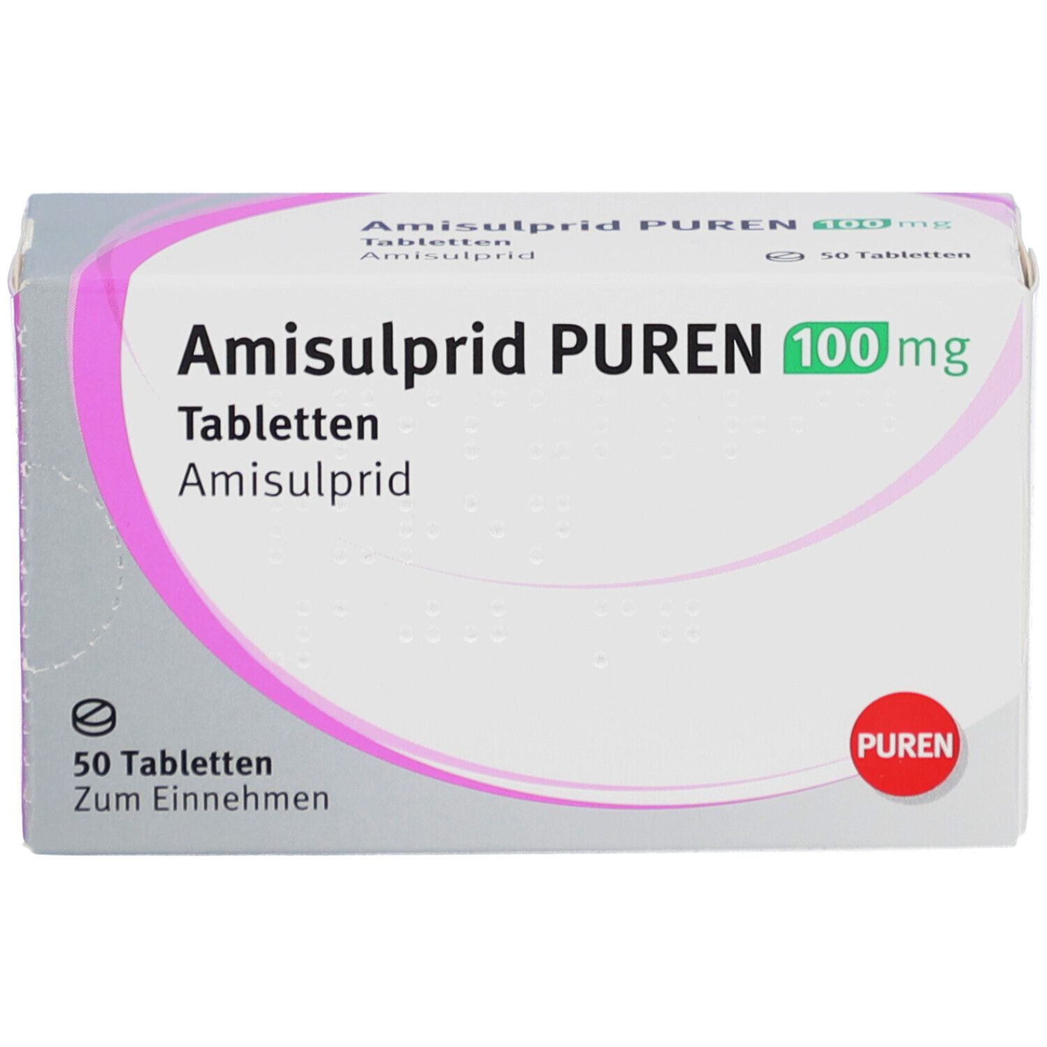 Schachtel mit Amisulprid PUREN 100 mg Tabletten. Aufschrift: 50 Tabletten. Marke PUREN. Rosa und grüne Akzente.