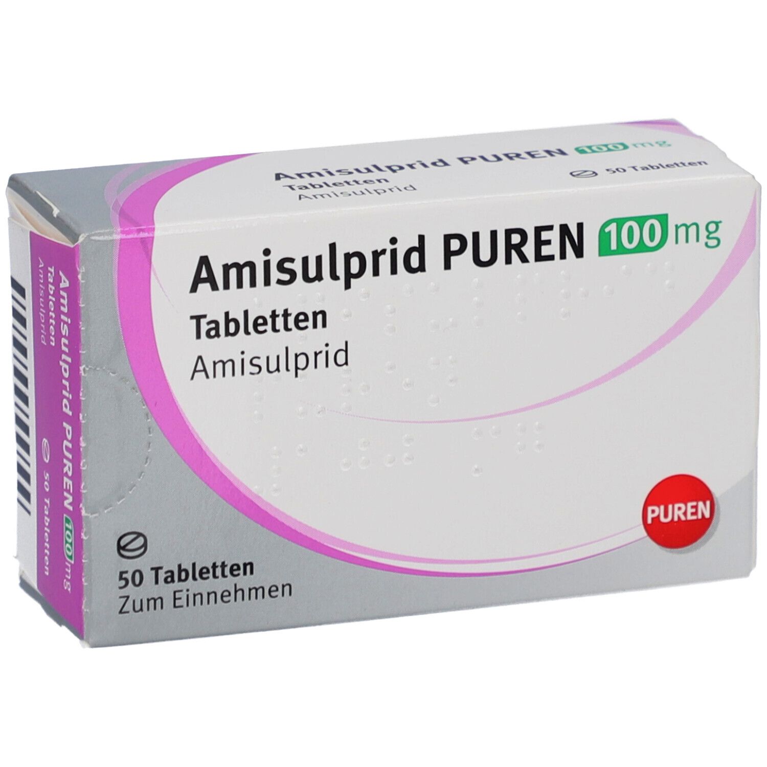 Schachtel mit Amisulprid PUREN 100 mg Tabletten. Aufschrift: 50 Tabletten. Marke PUREN. Rosa und grüne Akzente.