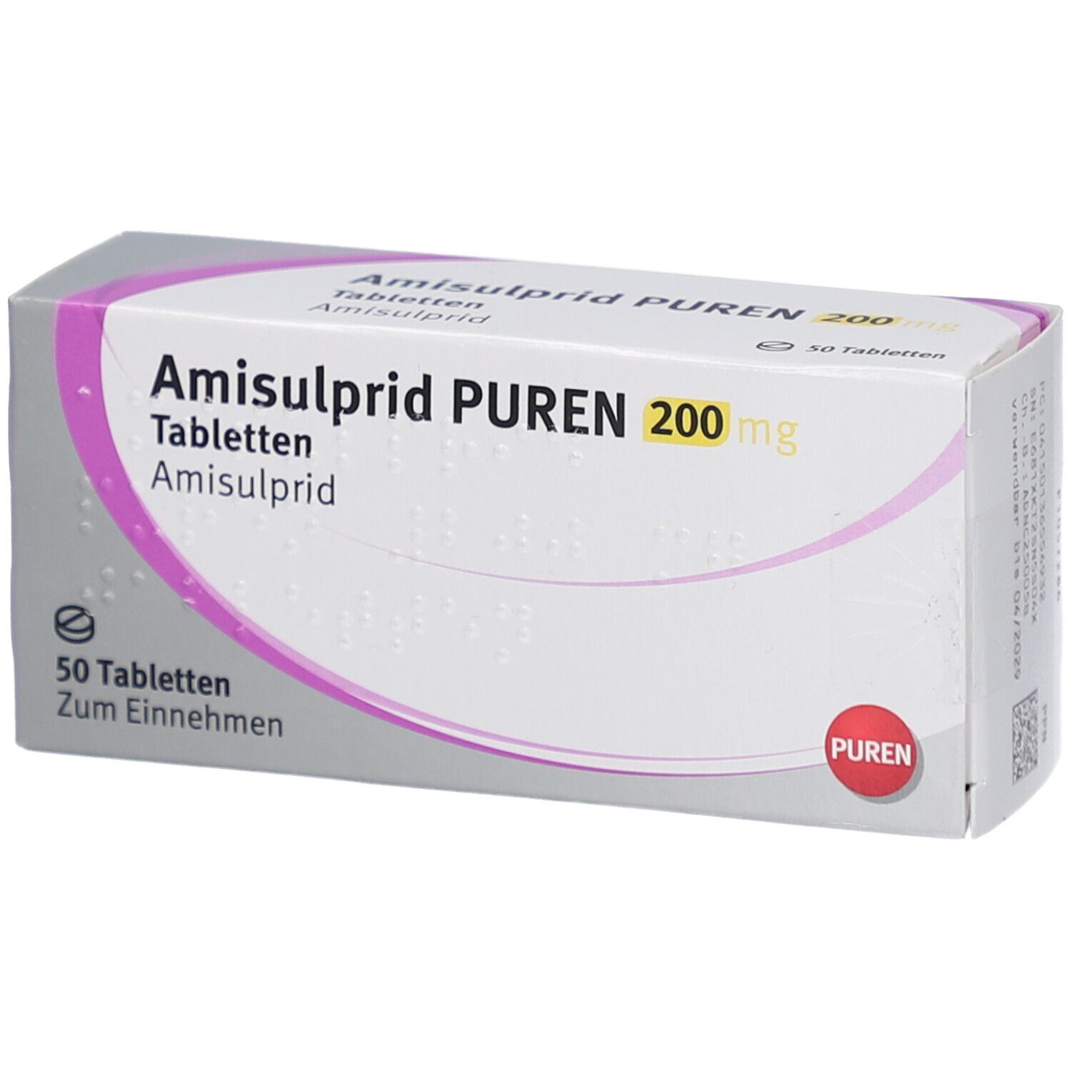 Schachtel mit Amisulprid PUREN 200 mg Tabletten. Aufschrift: 50 Tabletten. PUREN-Logo.