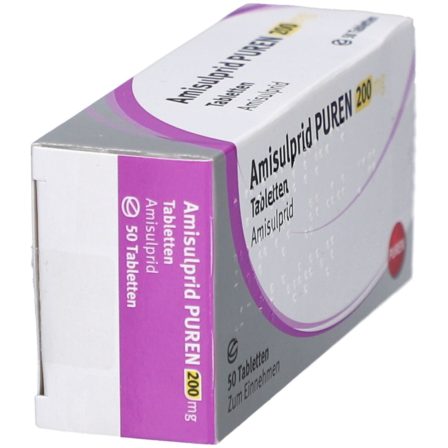 Schachtel Amisulprid PUREN 200 mg Tabletten. Seitenansicht. Aufschrift: 50 Tabletten. PUREN-Logo.