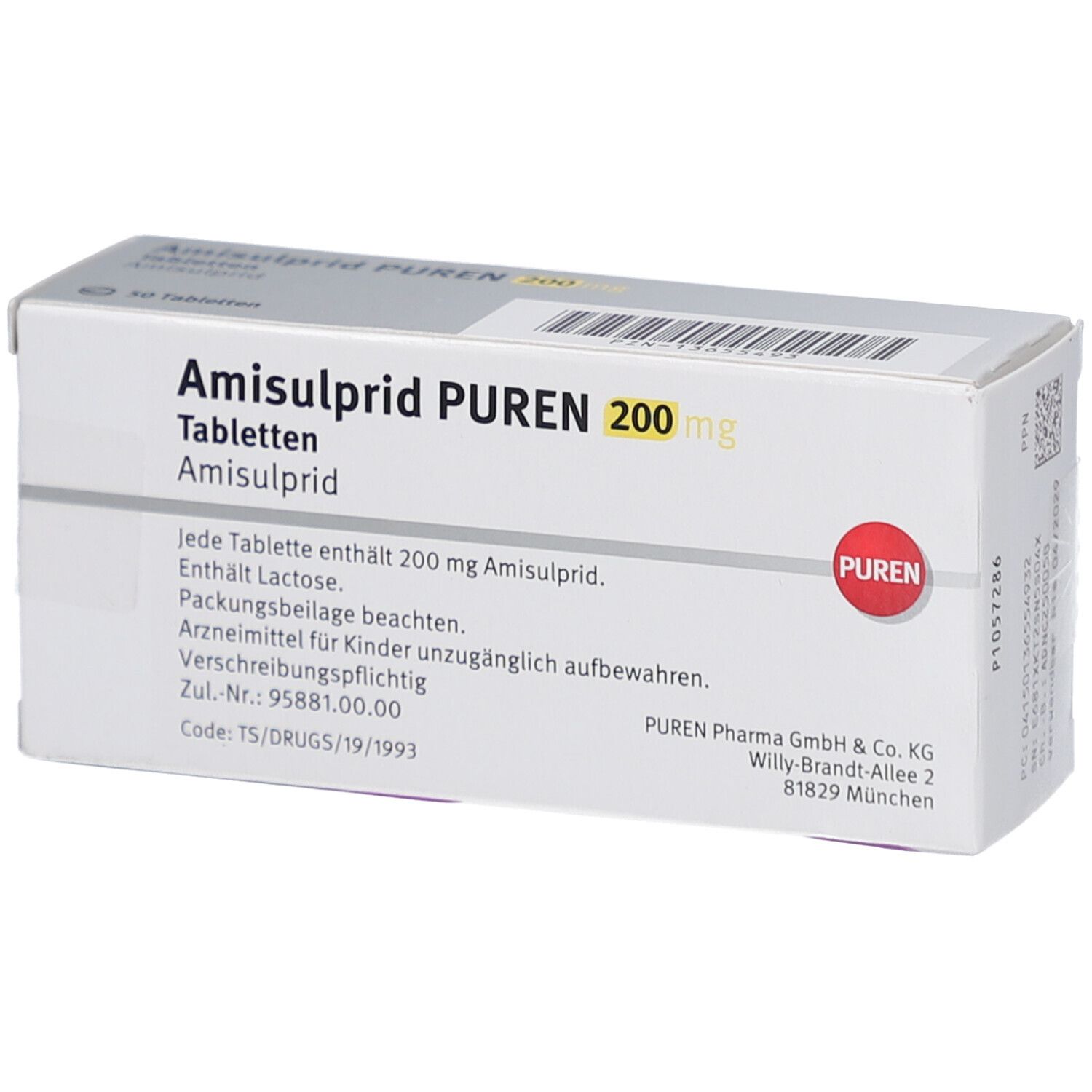 Schachtel Amisulprid PUREN 200 mg Tabletten. Aufschrift: 50 Tabletten. PUREN-Logo. Textinformationen.