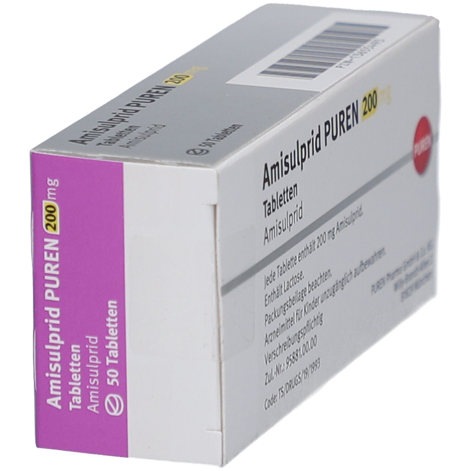 Schachtel Amisulprid PUREN 200 mg Tabletten. Seitenansicht. Aufschrift: 50 Tabletten. PUREN-Logo.