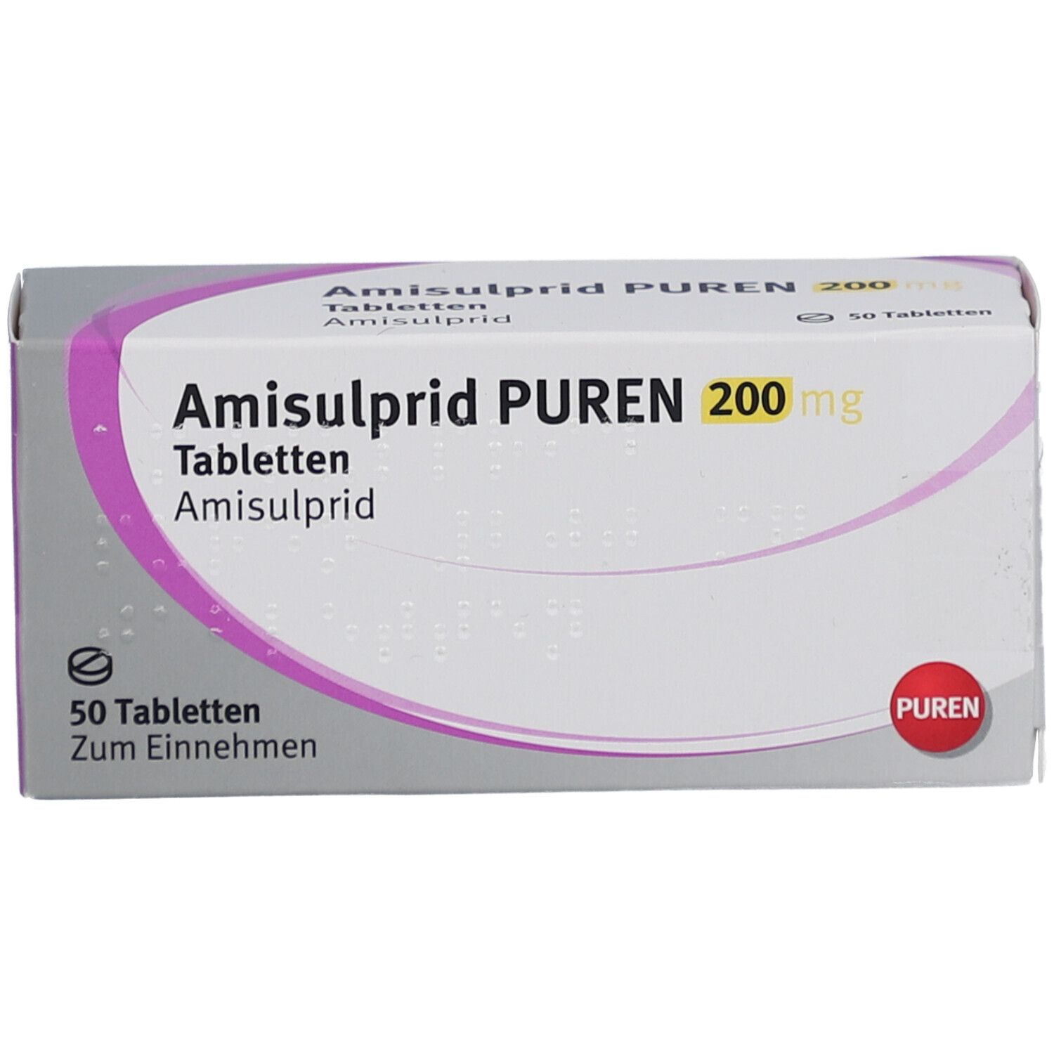 Schachtel Amisulprid PUREN 200 mg Tabletten. Aufschrift: 50 Tabletten. PUREN-Logo.