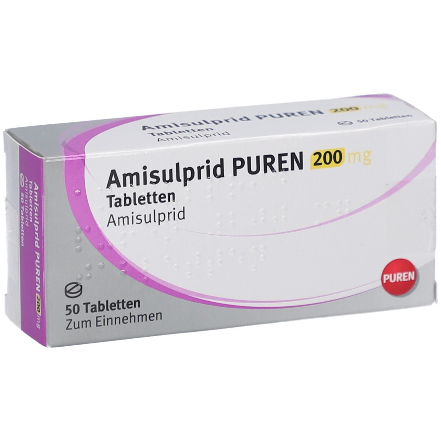 Schachtel Amisulprid PUREN 200 mg Tabletten. Aufschrift: 50 Tabletten. PUREN-Logo.