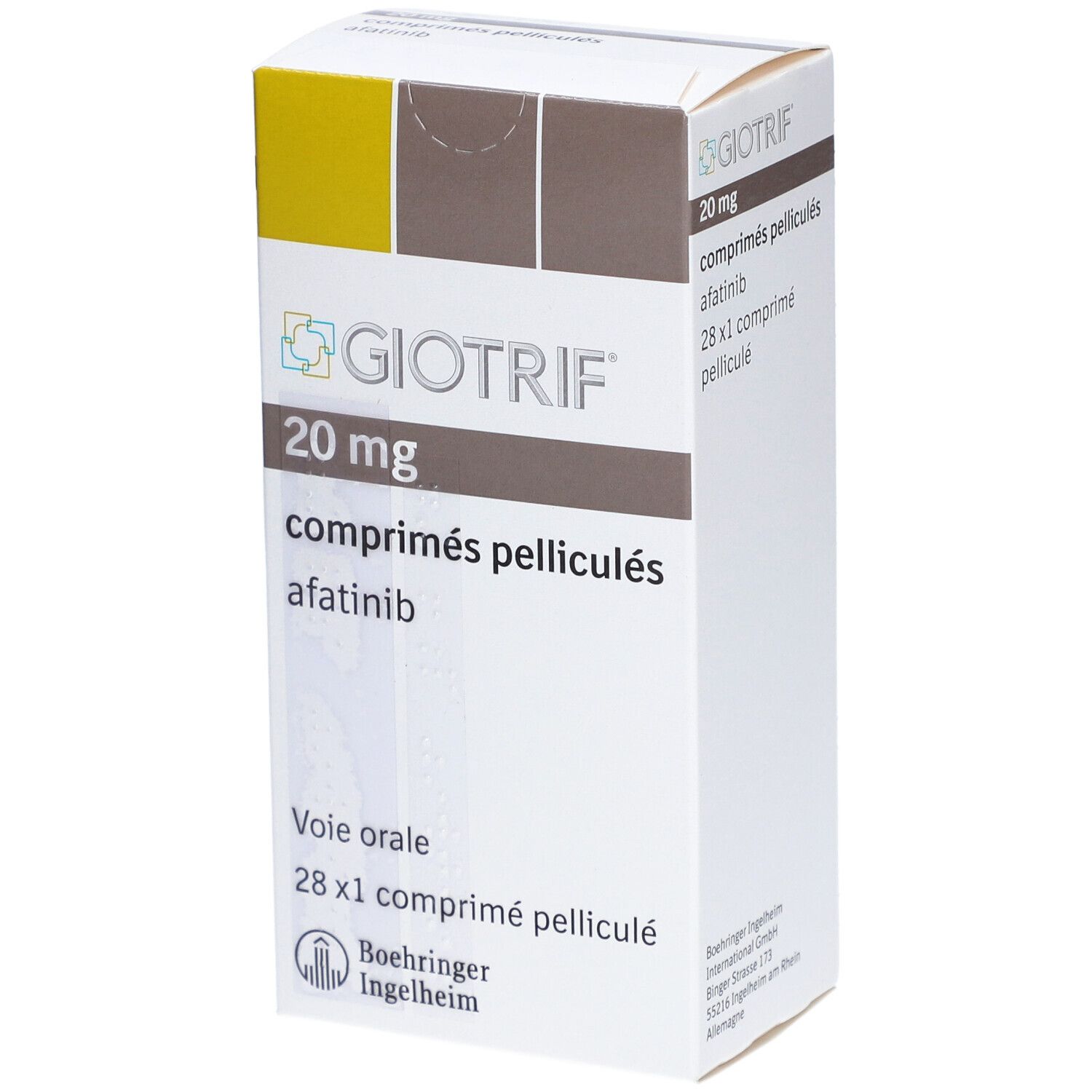 Schachtel mit GIOTRIF 20 mg Filmtabletten. Aufschrift: 20 mg, comprimés pelliculés, afatinib, 28 x 1 comprimé pelliculé. Hersteller: Boehringer Ingelheim.