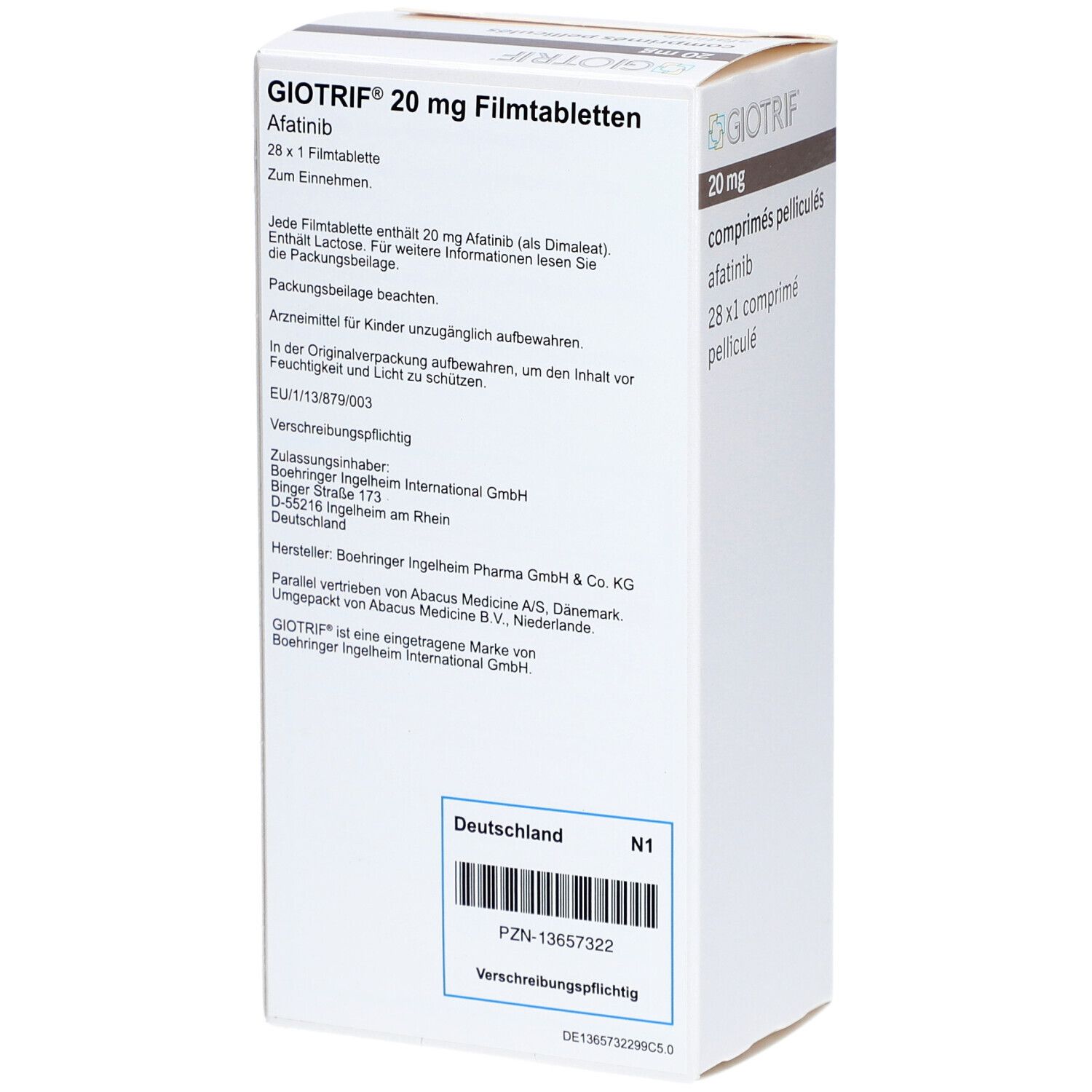 Schachtel mit GIOTRIF 20 mg Filmtabletten. Aufschrift: 20 mg Filmtabletten, afatinib, 28 x 1 Filmtablette. Hersteller: Boehringer Ingelheim. Mit Text in Deutsch.