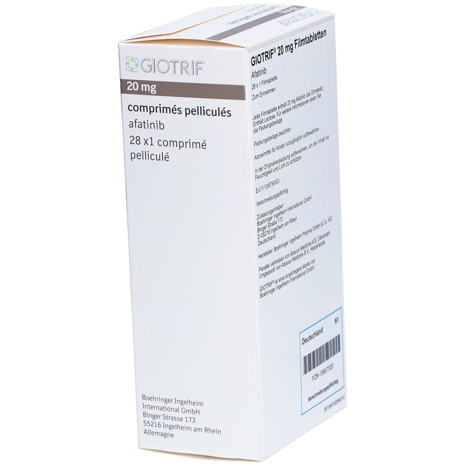 Schachtel mit GIOTRIF 20 mg Filmtabletten. Aufschrift: 20 mg, comprimés pelliculés, afatinib, 28 x 1 comprimé pelliculé. Hersteller: Boehringer Ingelheim.