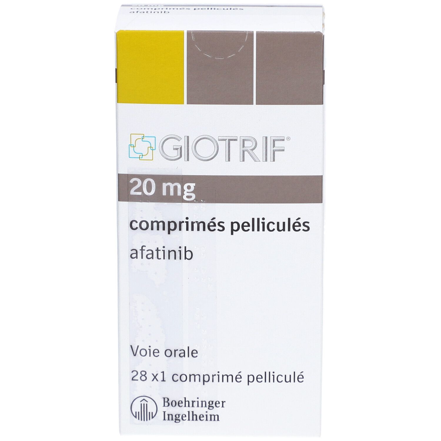 Schachtel mit GIOTRIF 20 mg Filmtabletten. Aufschrift: 20 mg, comprimés pelliculés, afatinib, 28 x 1 comprimé pelliculé. Hersteller: Boehringer Ingelheim.