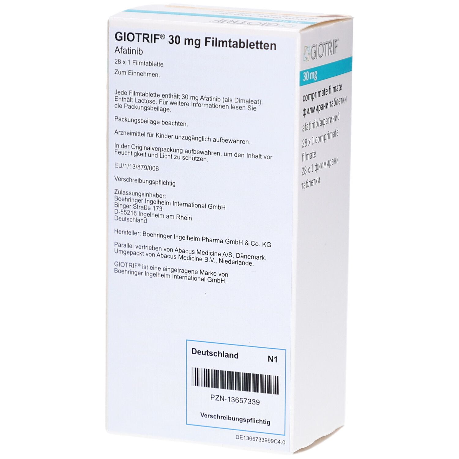 Rückseite der Schachtel mit GIOTRIF 30 mg Filmtabletten. Enthält Informationen zu Inhaltsstoffen und Hersteller.