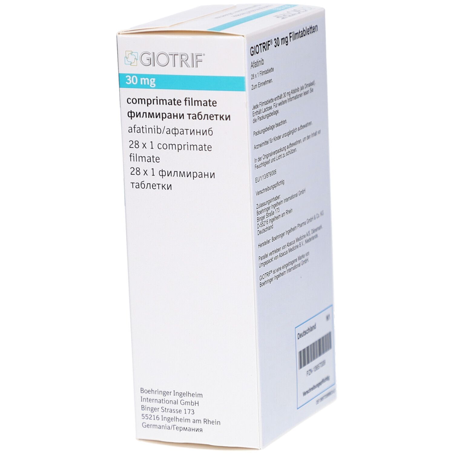 Schachtel mit GIOTRIF 30 mg Filmtabletten. Aufschrift: comprimate filmate, 28 x 1 comprimat filmate. Hersteller: Boehringer Ingelheim.