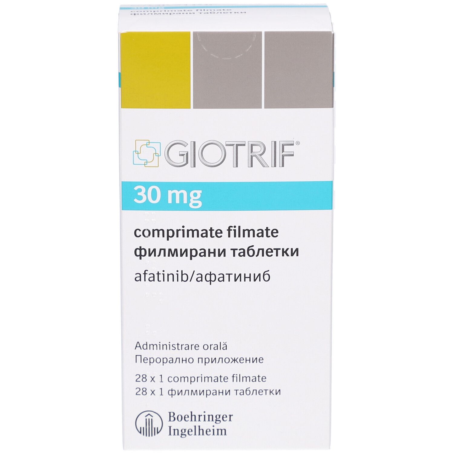 Schachtel mit GIOTRIF 30 mg Filmtabletten. Aufschrift: comprimate filmate, 28 x 1 comprimat filmate. Hersteller: Boehringer Ingelheim.