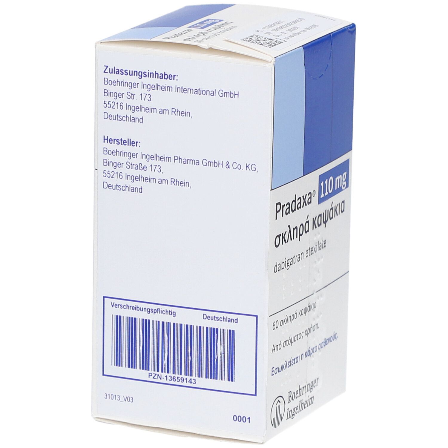 Rückseite der PRADAXA-Schachtel. Text in Deutsch. Hersteller- und Zulassungsinformationen. Barcode und PZN-Nummer.
