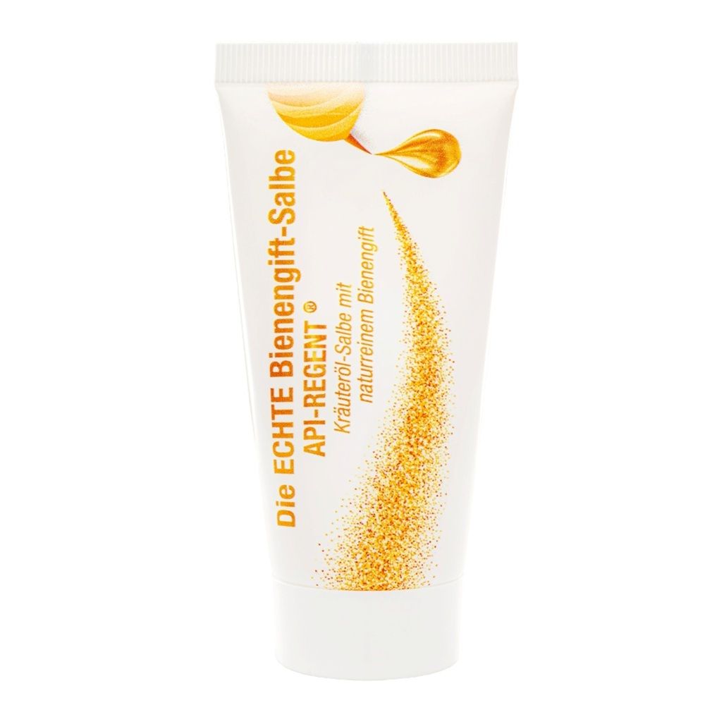 Tube mit API-REGENT Bienengift-Salbe, goldener Granulat-Verlauf und Honigropfen-Symbol.