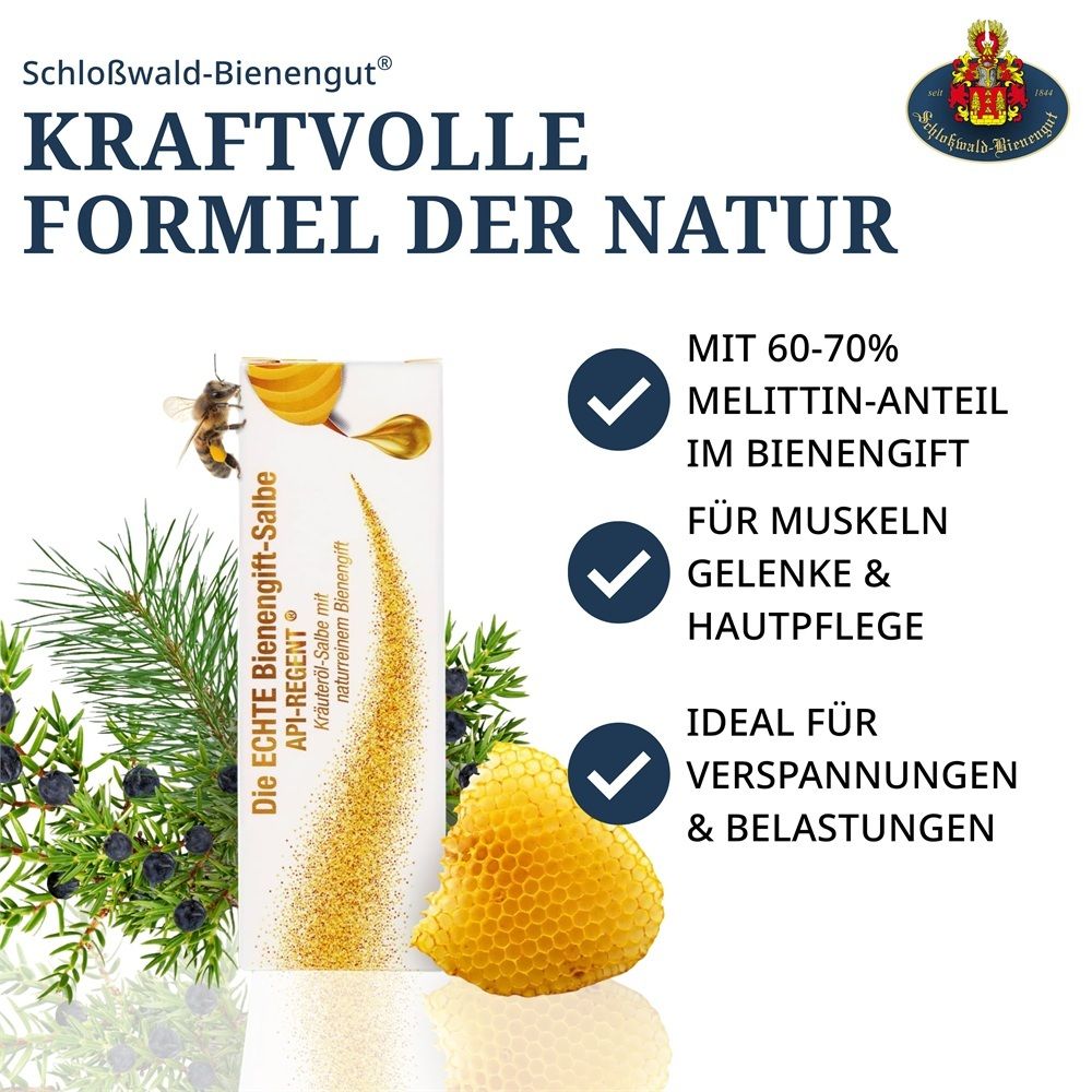Verpackung und Tube API-REGENT Bienengift-Salbe, mit Bienenmotiv, Wachs Wabe und Text über Inhaltsstoffe und Anwendung.