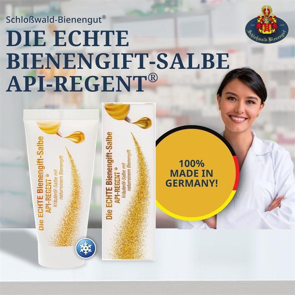 Tube und Faltschachtel API-REGENT Bienengift-Salbe, daneben eine lächelnde Frau im Arztkittel, "100% MADE IN GERMANY".