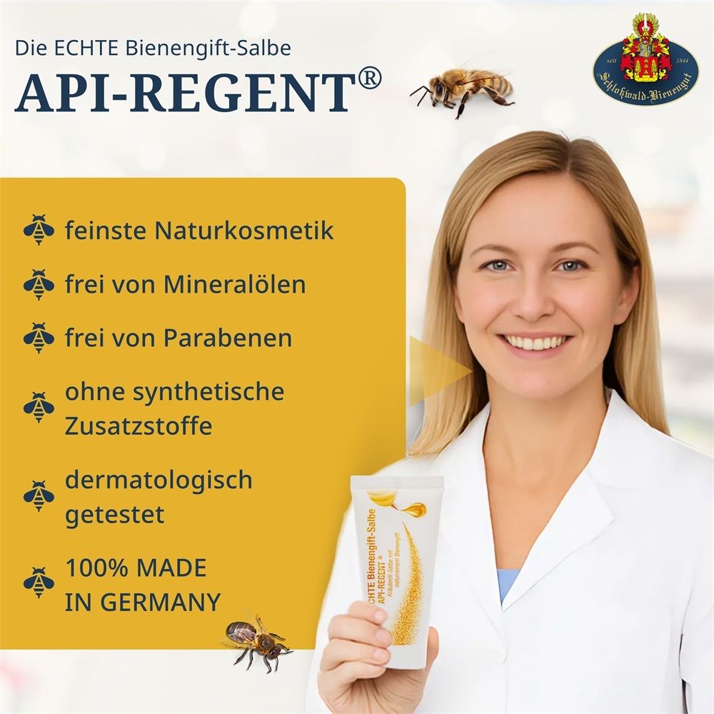 Frau im Arztkittel hält eine Tube API-REGENT Bienengift-Salbe. Gelber Kasten mit Stichpunkten zu Inhaltsstoffen und Qualität.