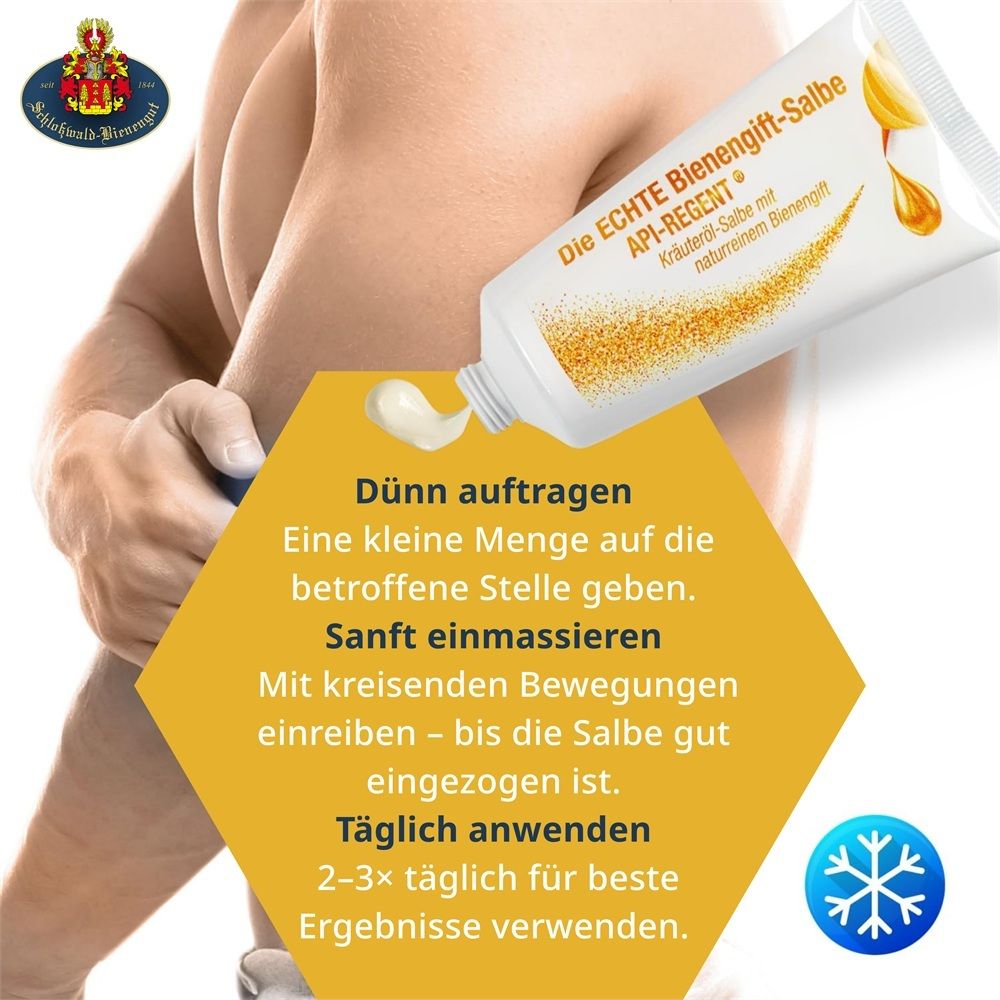 Hand trägt API-REGENT Bienengift-Salbe auf eine Schulter auf. Gelbe Sprechblase mit Anwendungshinweisen.