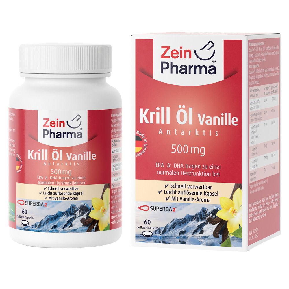 Zein Pharma Krill-Öl Vanille 500mg. Kapseln und Verpackung. 60 Kapseln. Mit Vanille-Aroma. EPA & DHA für normale Herzfunktion.