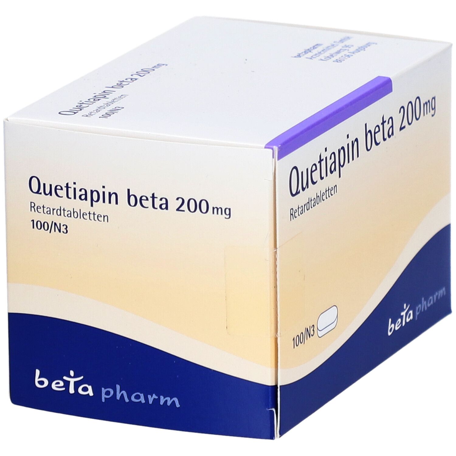 Schachtel "Quetiapin beta 200mg Retardtabletten". Weiß, lila und blau. "beta pharm" Logo. Ansicht schräg.