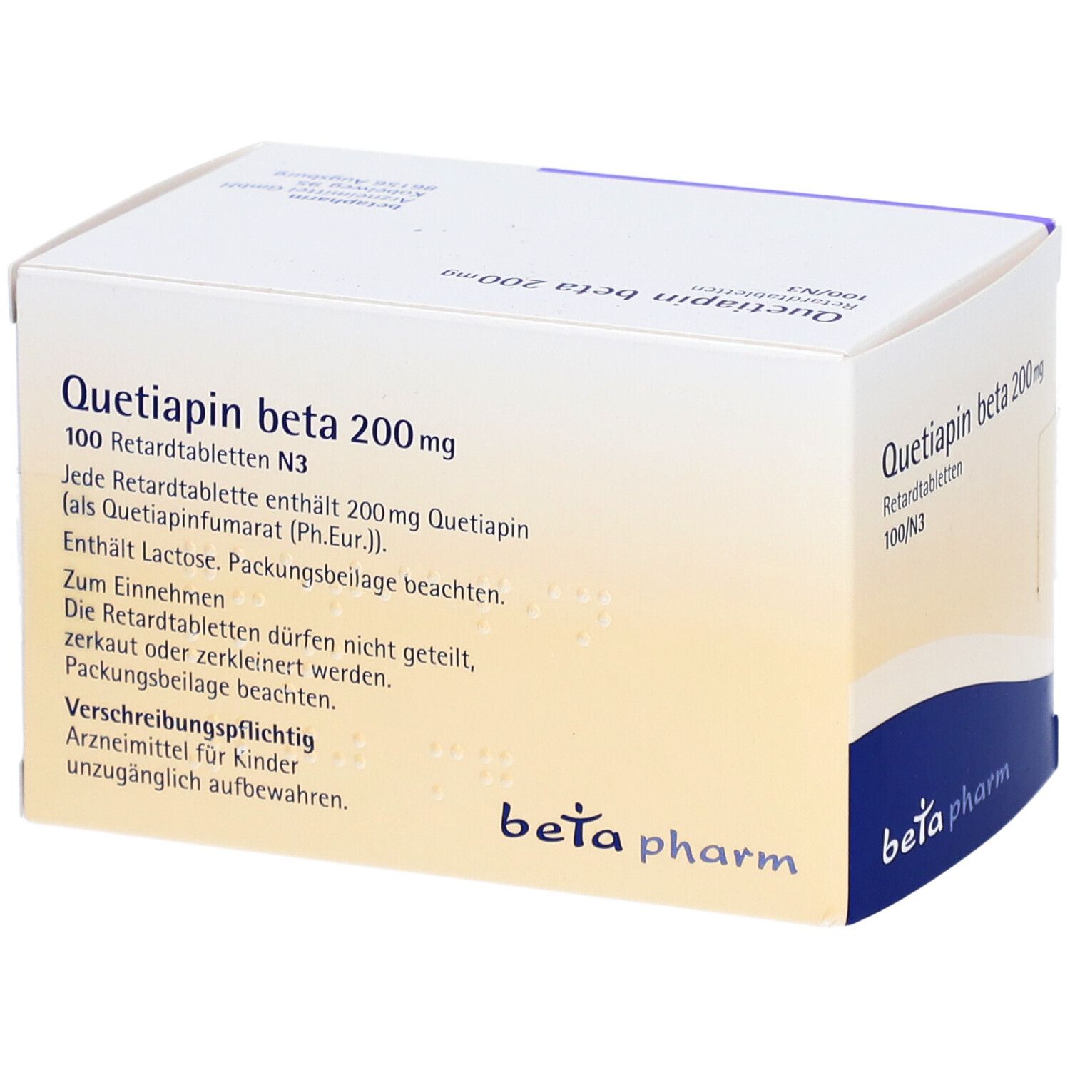 Schachtel "Quetiapin beta 200mg Retardtabletten". Text auf Deutsch. "beta pharm" Logo. Weiß, lila, blau.