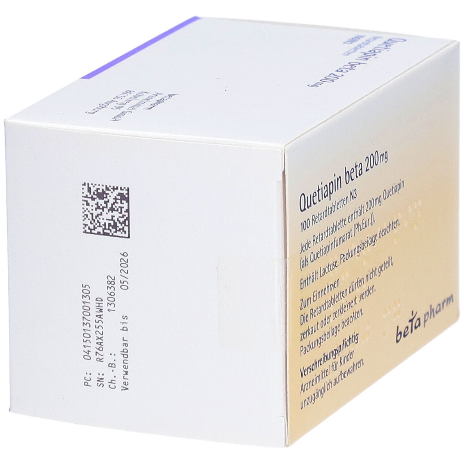 Schachtel "Quetiapin beta 200mg Retardtabletten". Rückseite mit Text und Barcode. "beta pharm" Logo.