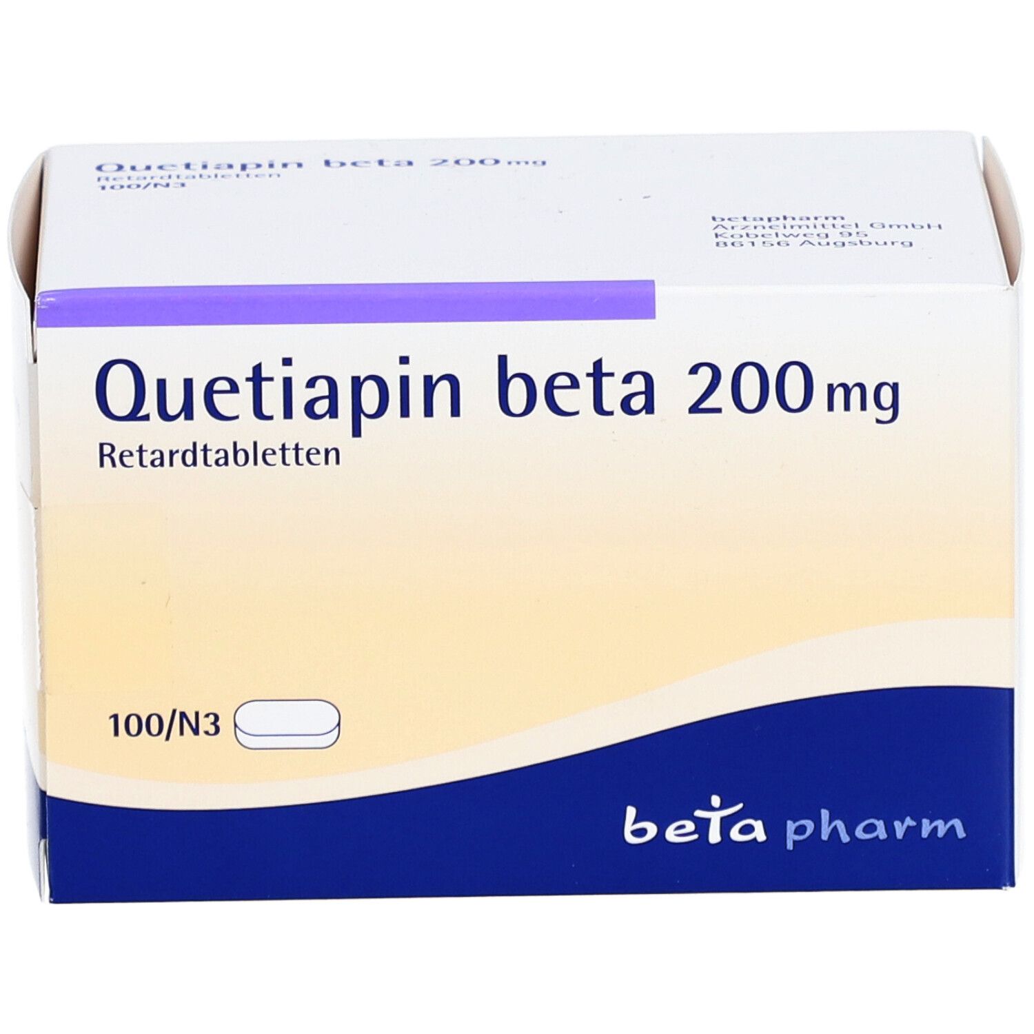 Schachtel "Quetiapin beta 200mg Retardtabletten". Weiß, lila und blau. "beta pharm" Logo. Draufsicht.