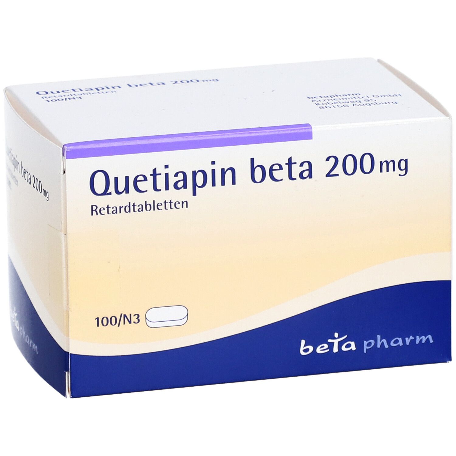 Schachtel "Quetiapin beta 200mg Retardtabletten". Weiß, lila und blau. "beta pharm" Logo. Schrägansicht.
