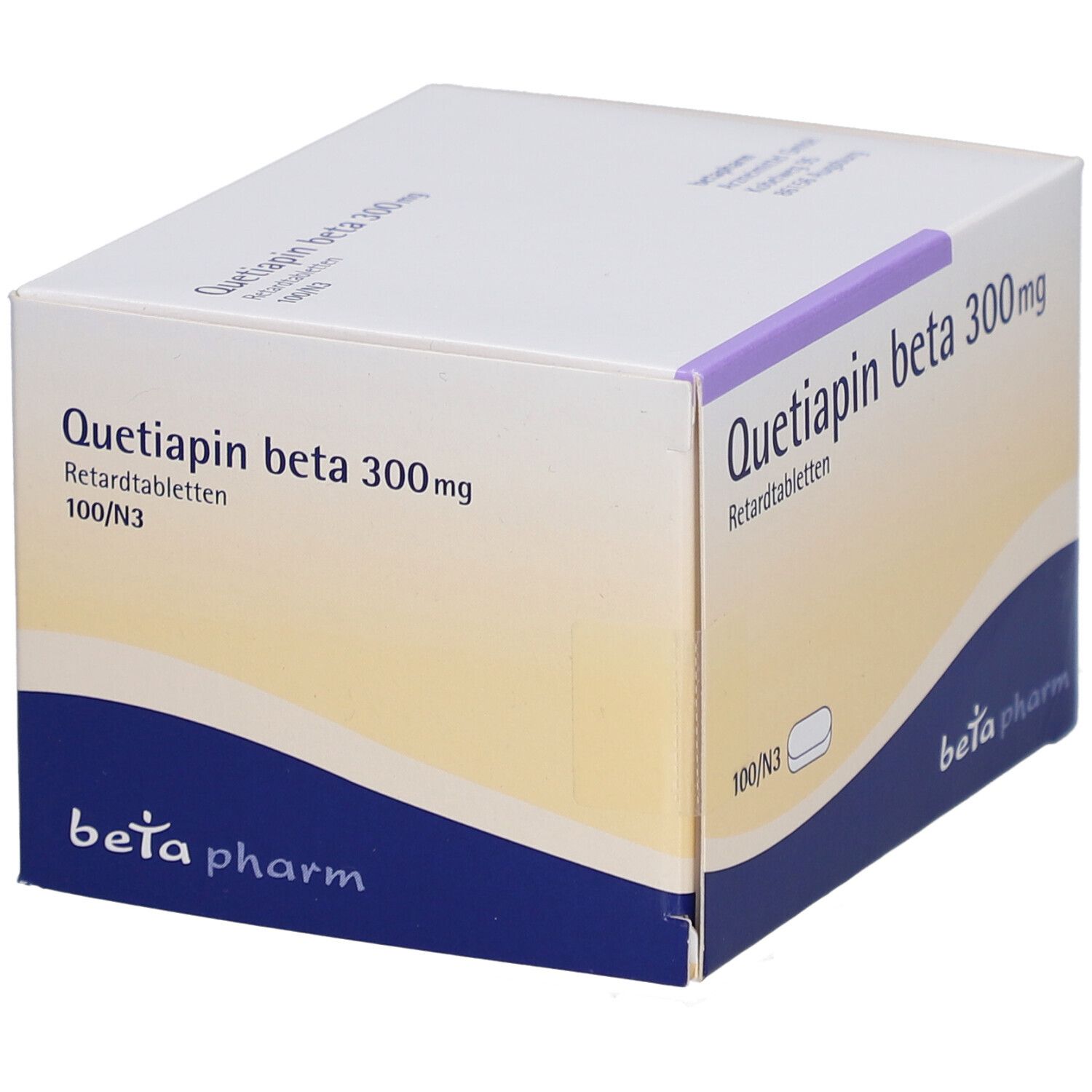 Schachtel mit "Quetiapin beta 300mg Retardtabletten". Weiße Verpackung mit blauem Streifen. 100/N3.