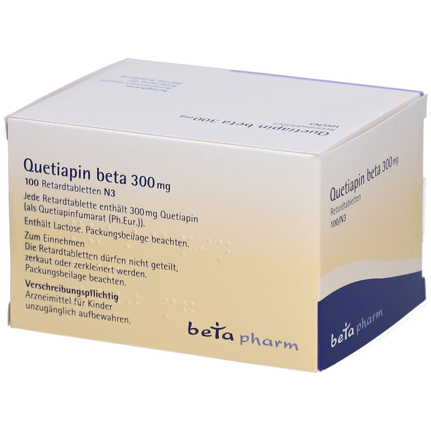 Schachtel mit "Quetiapin beta 300mg Retardtabletten". Textinformationen auf der Verpackung. "beta pharm" Logo.