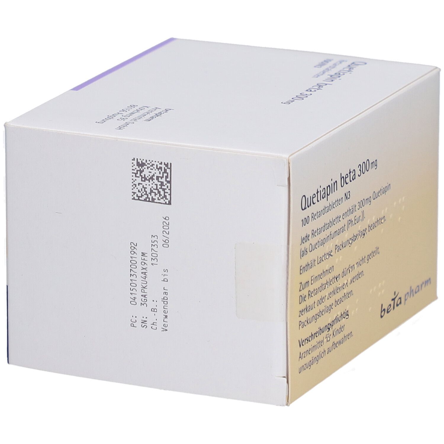Schachtel mit "Quetiapin beta 300mg Retardtabletten". Rückseite mit Text und Barcode. "beta pharm" Logo.