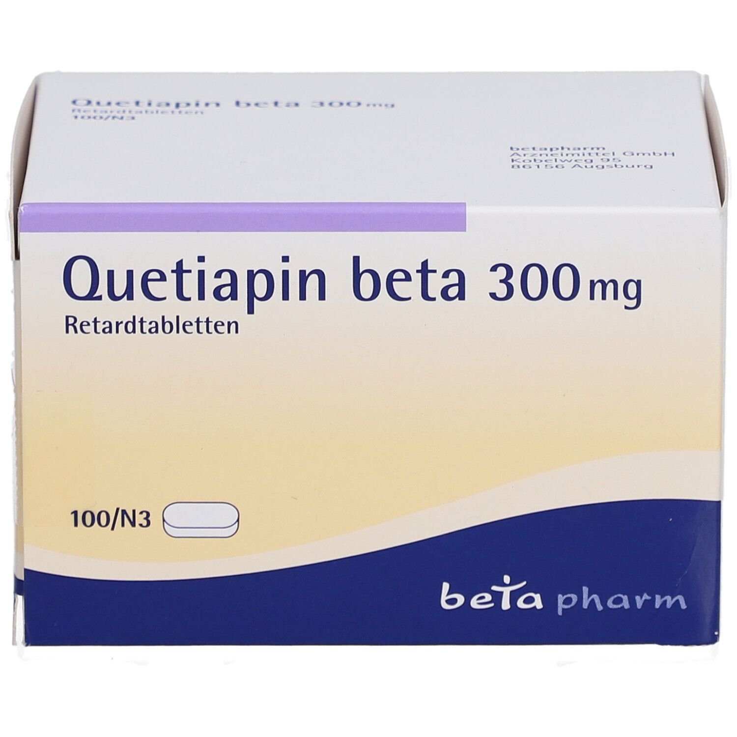 Schachtel mit "Quetiapin beta 300mg Retardtabletten". Weiße Verpackung mit gelbem Hintergrund. 100/N3.